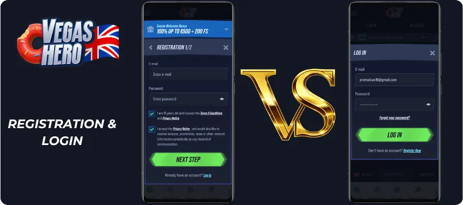 VegasHero Casino Login and registration screen