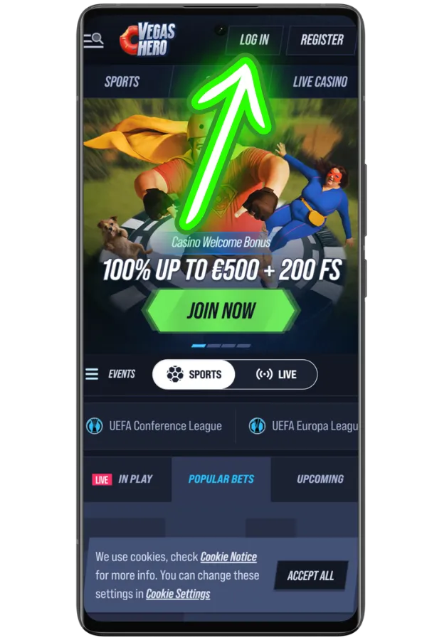 VegasHero Login button top right corner