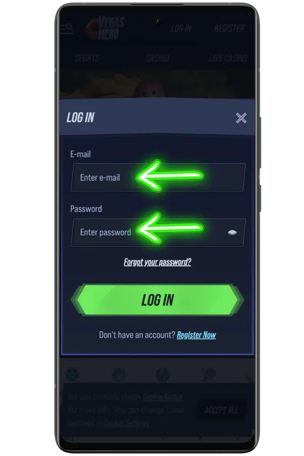 VegasHero Login email and password fields